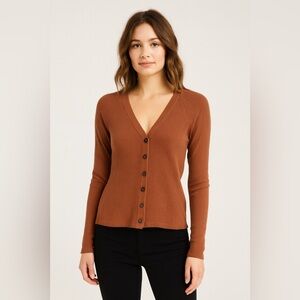 American Eagle Soft & Sexy Ribbed Button Up Long Sleeve Top XS Brown